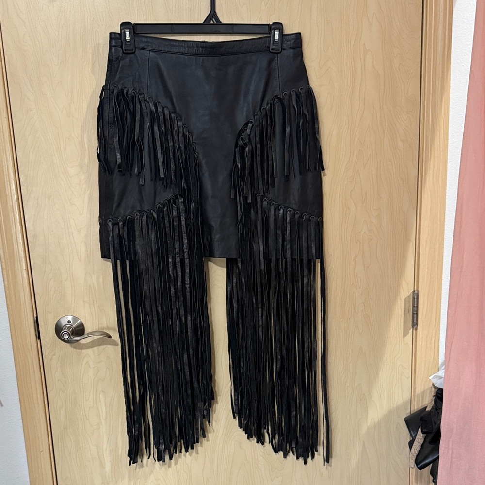 New! Black Long Fringe Leather Skirt
